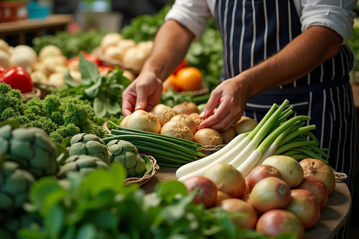 Légumes de saison en mars sur un étal coloré
