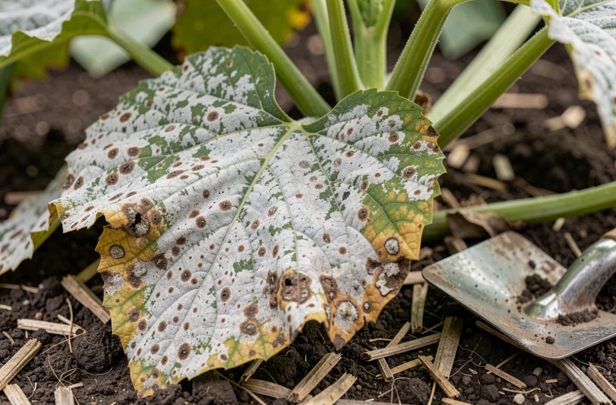 Gros plan sur des feuilles de courgette malades avec oïdium et mosaïque virale dans un potager