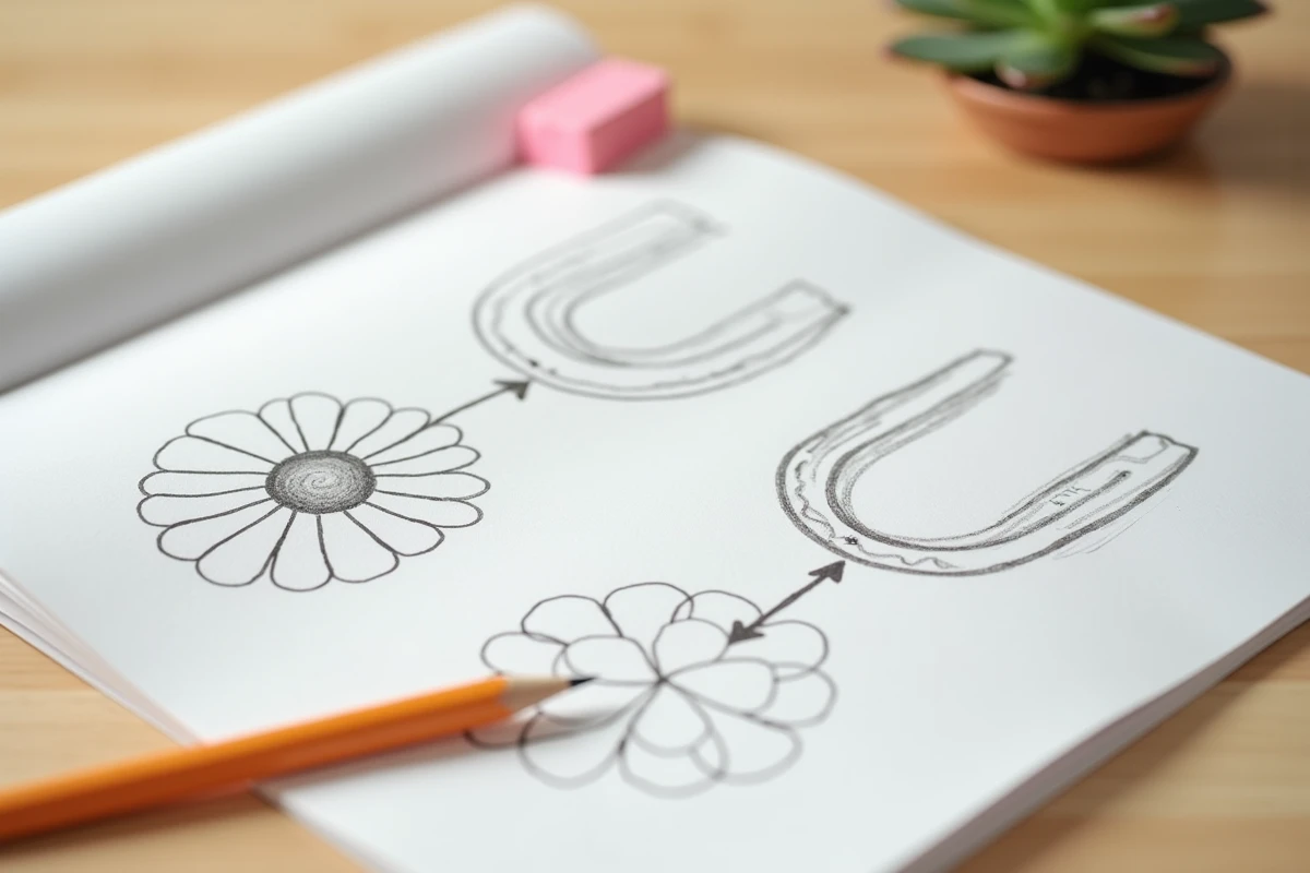 Gros plan d'un cahier de vacances ouvert avec un exercice de fleur en U au crayon sur un bureau en bois