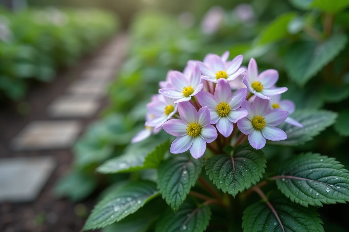 Gros plan sur les fleurs de plants de pommes de terre en pleine floraison avec rosée matinale