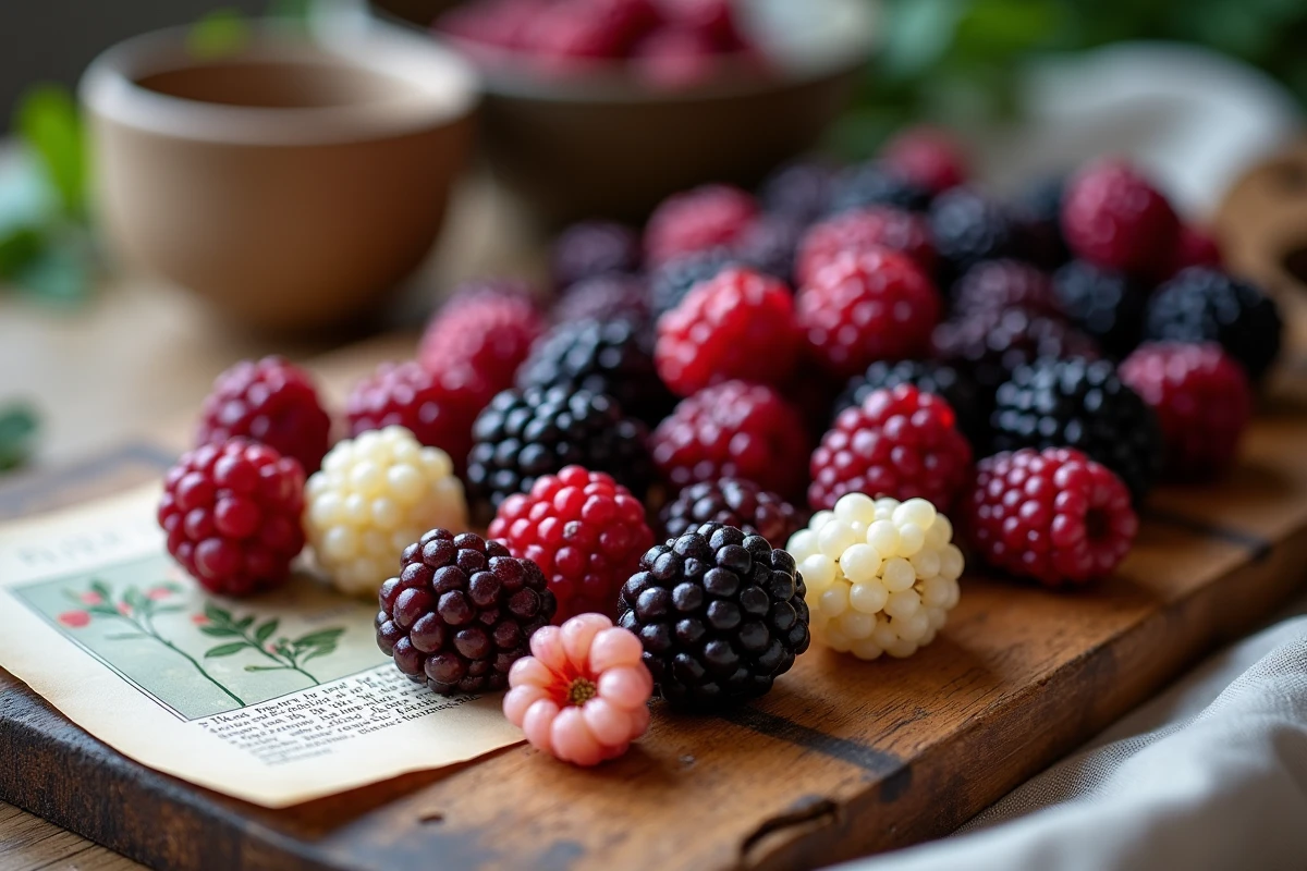 Gros plan de fruits du mûrier platane à différents stades de maturité sur une planche en bois avec notes d'identification