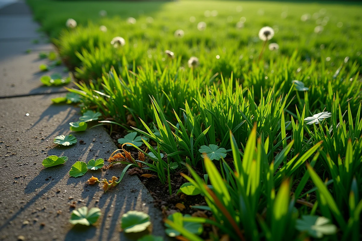 Gros plan sur un gazon avec contraste entre herbe saine et mauvaises herbes traitées avec un herbicide sélectif