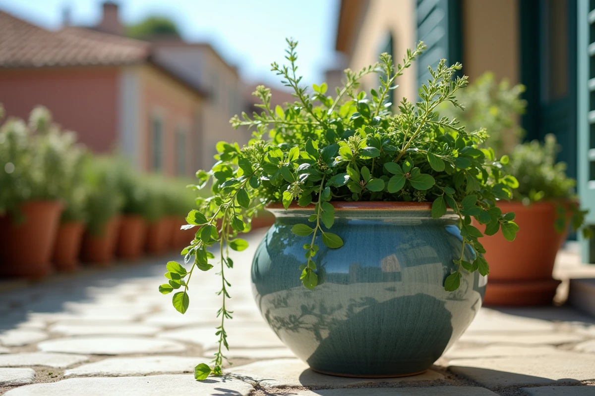 Gros plan sur un pot céramique bleu-gris débordant d'origan, basilic et santoline sur un balcon méditerranéen ensoleillé