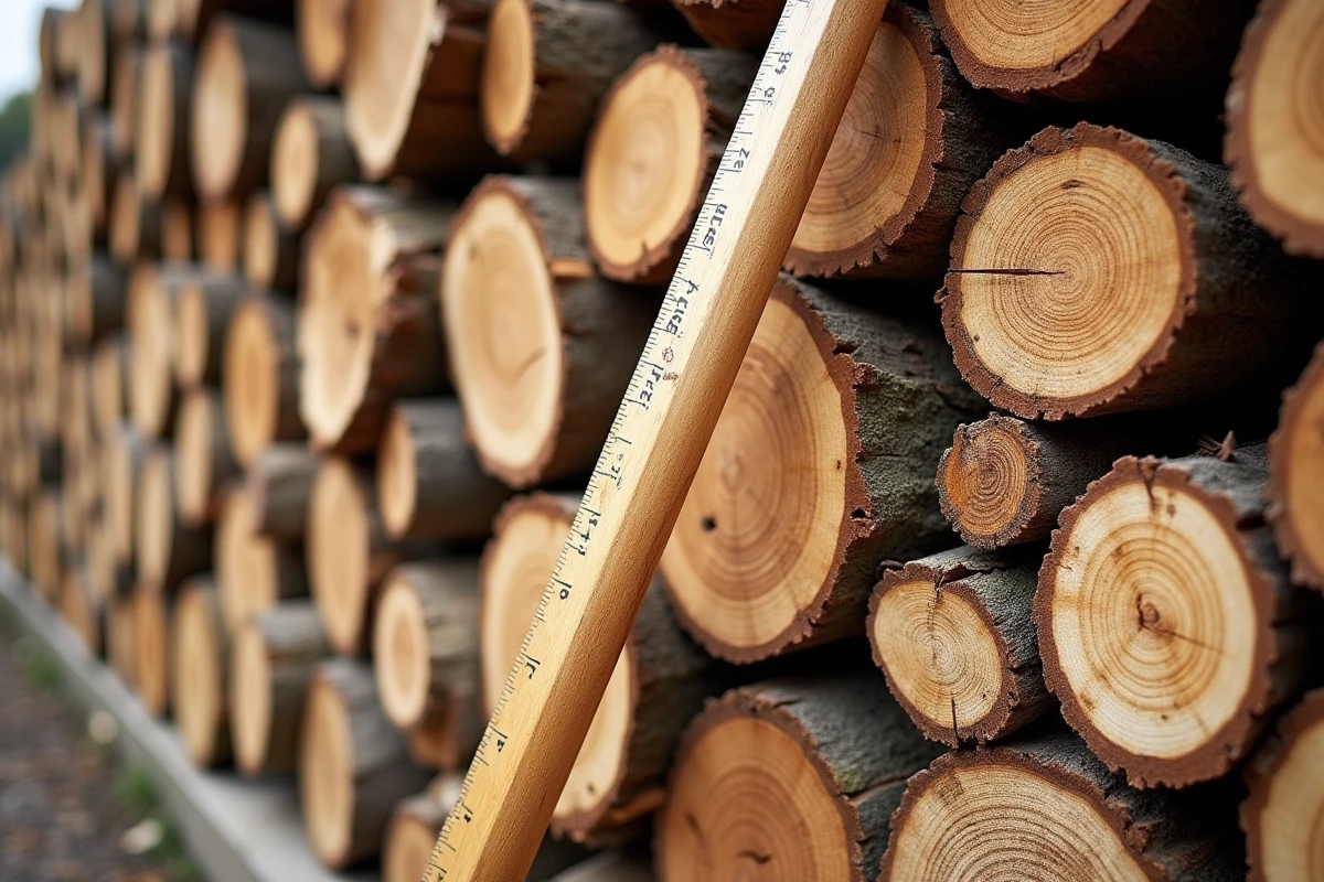 Gros plan sur les sections transversales de bûches empilées en stère, avec une règle en bois indiquant les mesures du volume de bois