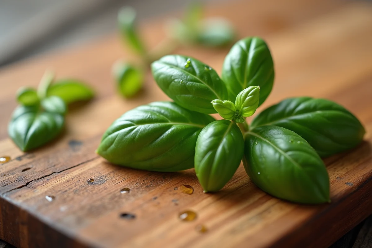 Gros plan d'une tige de basilic fraîchement taillée avec des feuilles brillantes sur une planche en bois