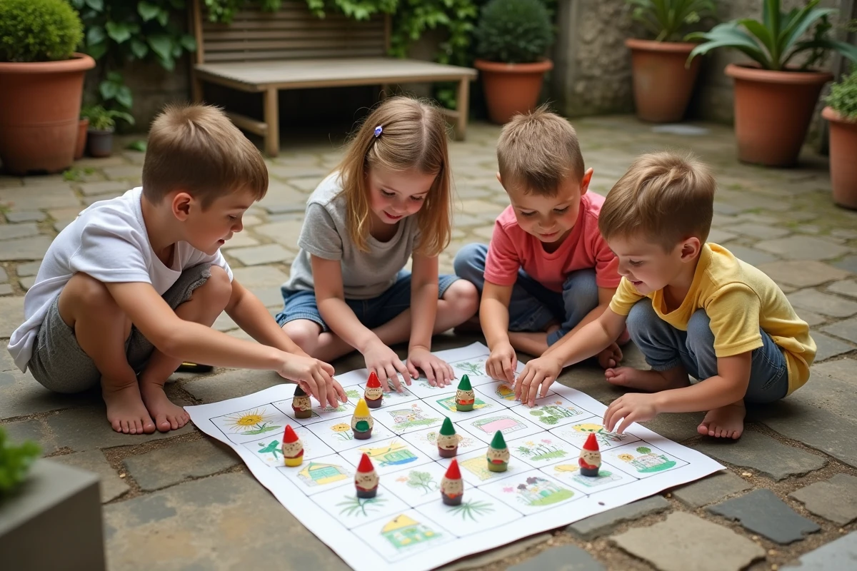 Groupe d'enfants jouant à un jeu de plateau avec des nains de jardin sur une terrasse en pierre
