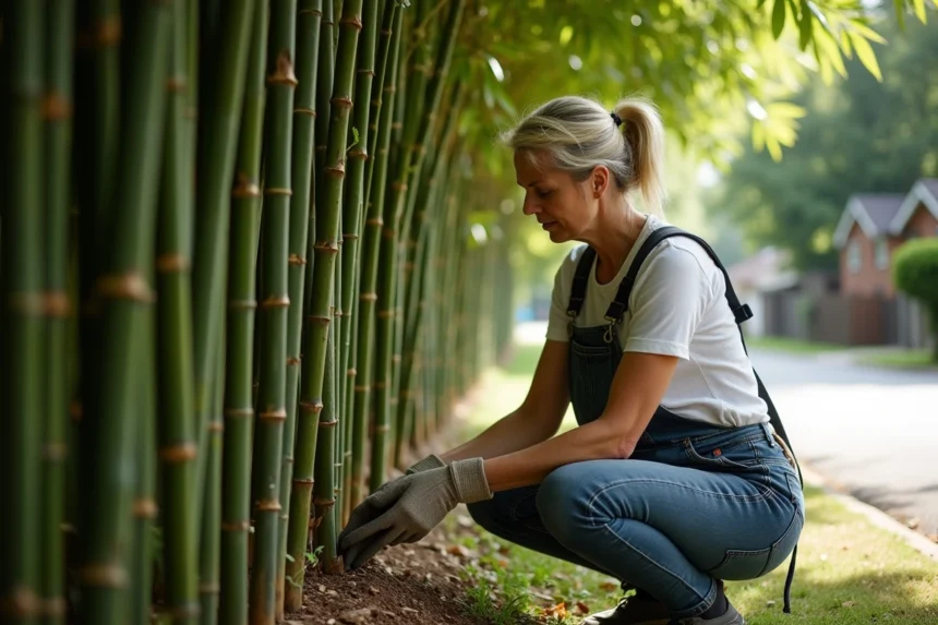 Femme inspectant une haie de bambous dense servant de clôture naturelle anti-bruit dans un jardin résidentiel