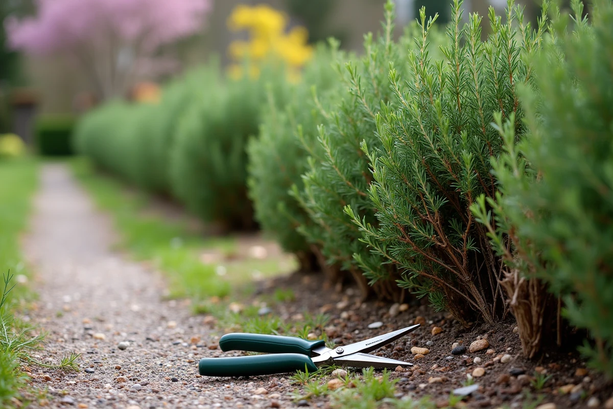 Haie de romarin envahie et taillée tardivement au printemps avec des tiges ligneuses et des outils de jardinage posés au sol