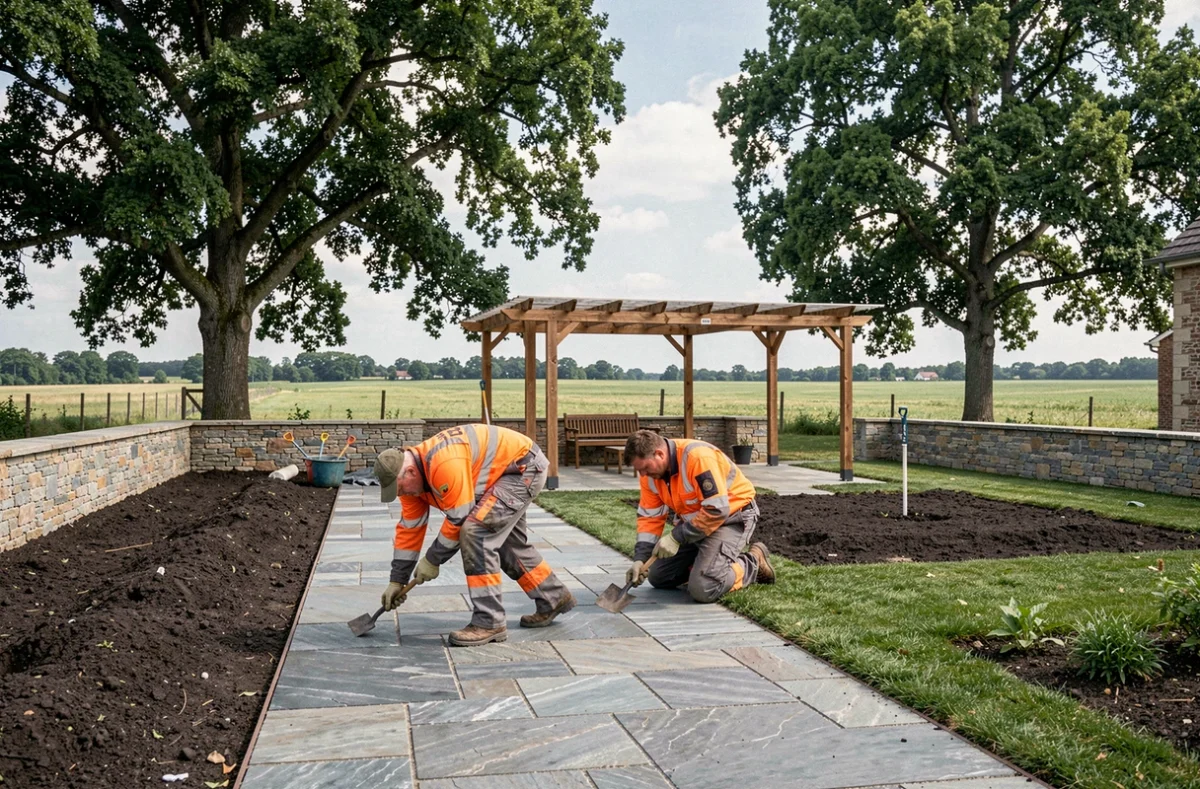 Équipe HD Bati-Renov posant des pavés naturels dans un jardin de Seine-et-Marne avec pergola en bois