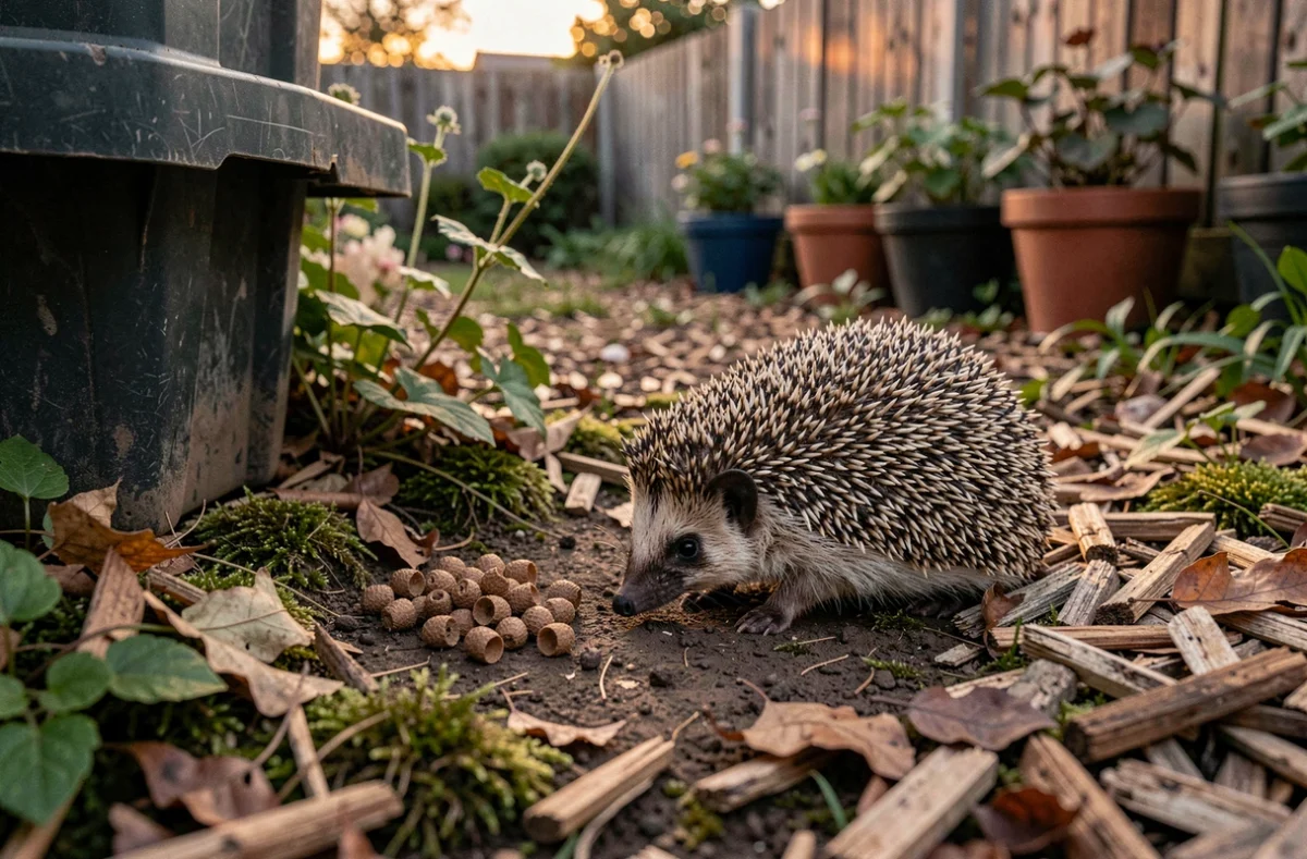 Un hérisson sauvage fouille le sol d'un jardin au crépuscule à proximité de ses crottes, illustrant ses habitudes naturelles et son habitat urbain