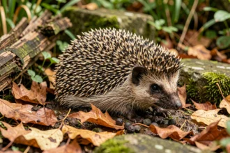 Hérisson européen dans un jardin naturel avec des crottes visibles sur le sol parmi les feuilles mortes
