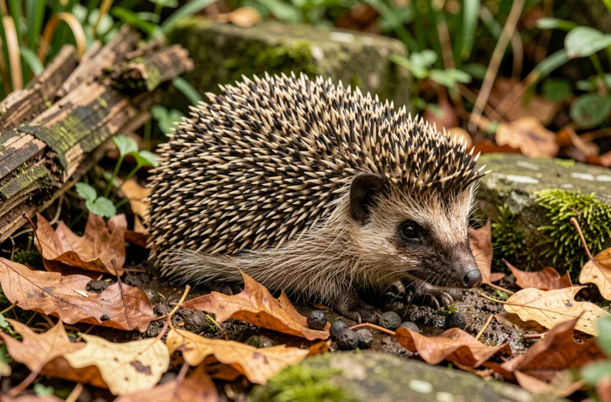 Hérisson européen dans un jardin naturel avec des crottes visibles sur le sol parmi les feuilles mortes