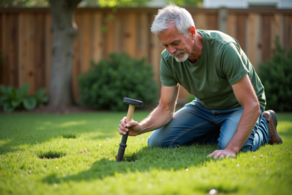 Homme en jeans vert aerant la pelouse du jardin