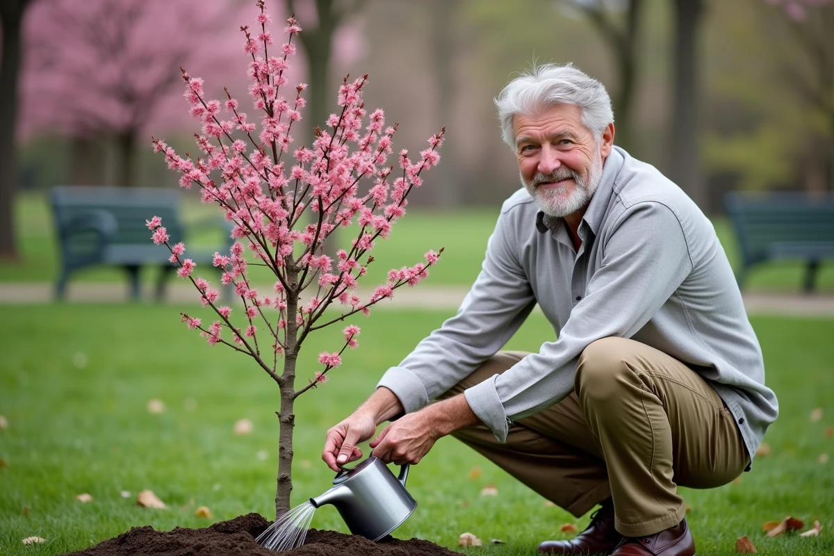 Homme âgé arrosant un jeune arbre en fleurs dans un parc public