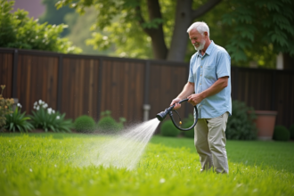 Homme d'âge moyen arrosant la pelouse dans un jardin