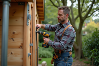 Homme en jeans et chemise à carreaux fixant une poutre en bois