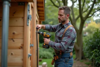 Homme en jeans et chemise à carreaux fixant une poutre en bois