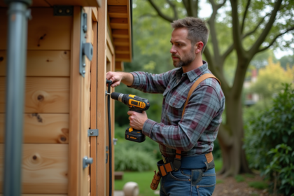 Homme en jeans et chemise à carreaux fixant une poutre en bois