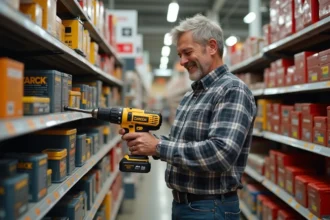 Homme souriant examine une perceuse sans fil en rayon bricolage
