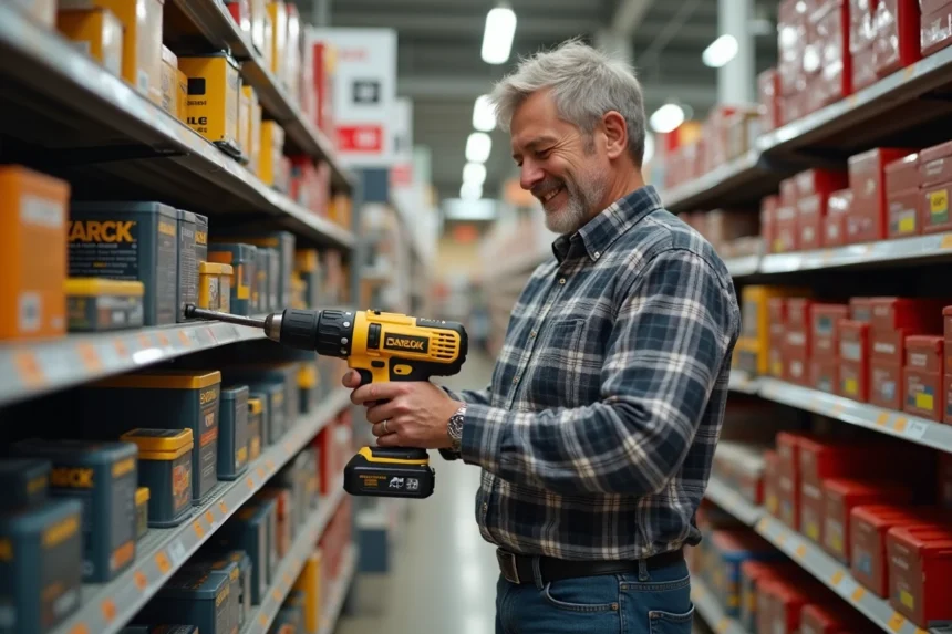 Homme souriant examine une perceuse sans fil en rayon bricolage