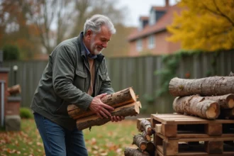 Homme d'âge moyen empilant du bois dans son jardin