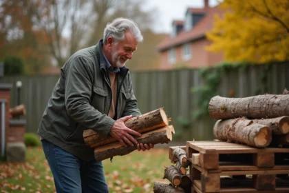 Homme d'âge moyen empilant du bois dans son jardin