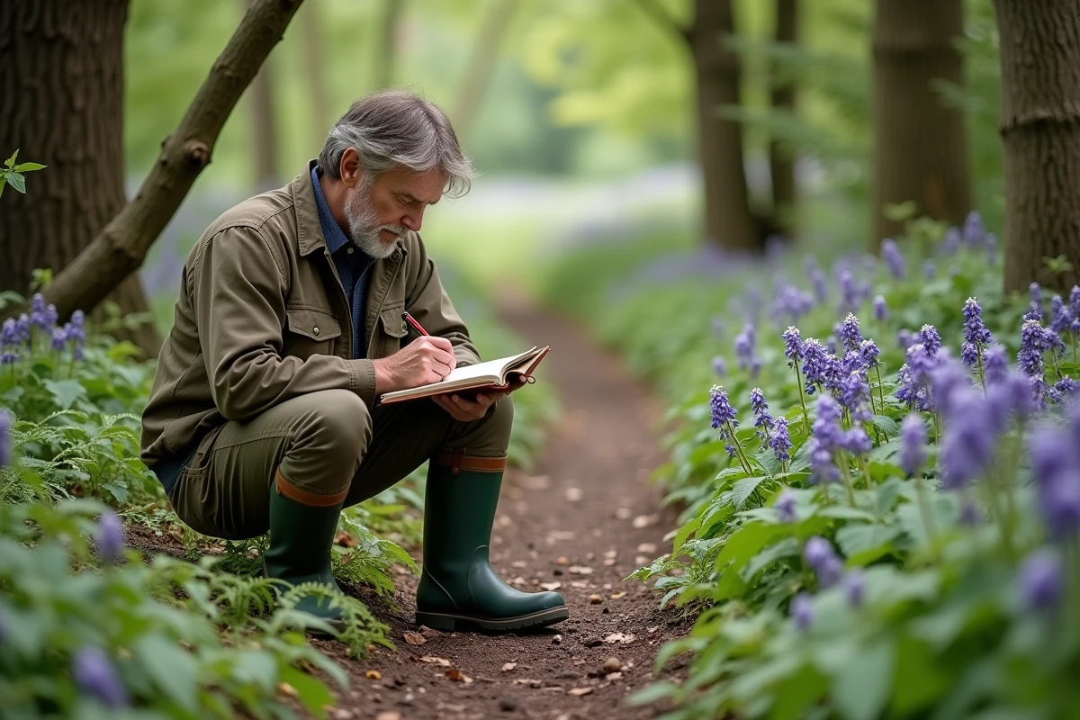 Homme en vêtements de jardinage dessinant des violettes en forêt