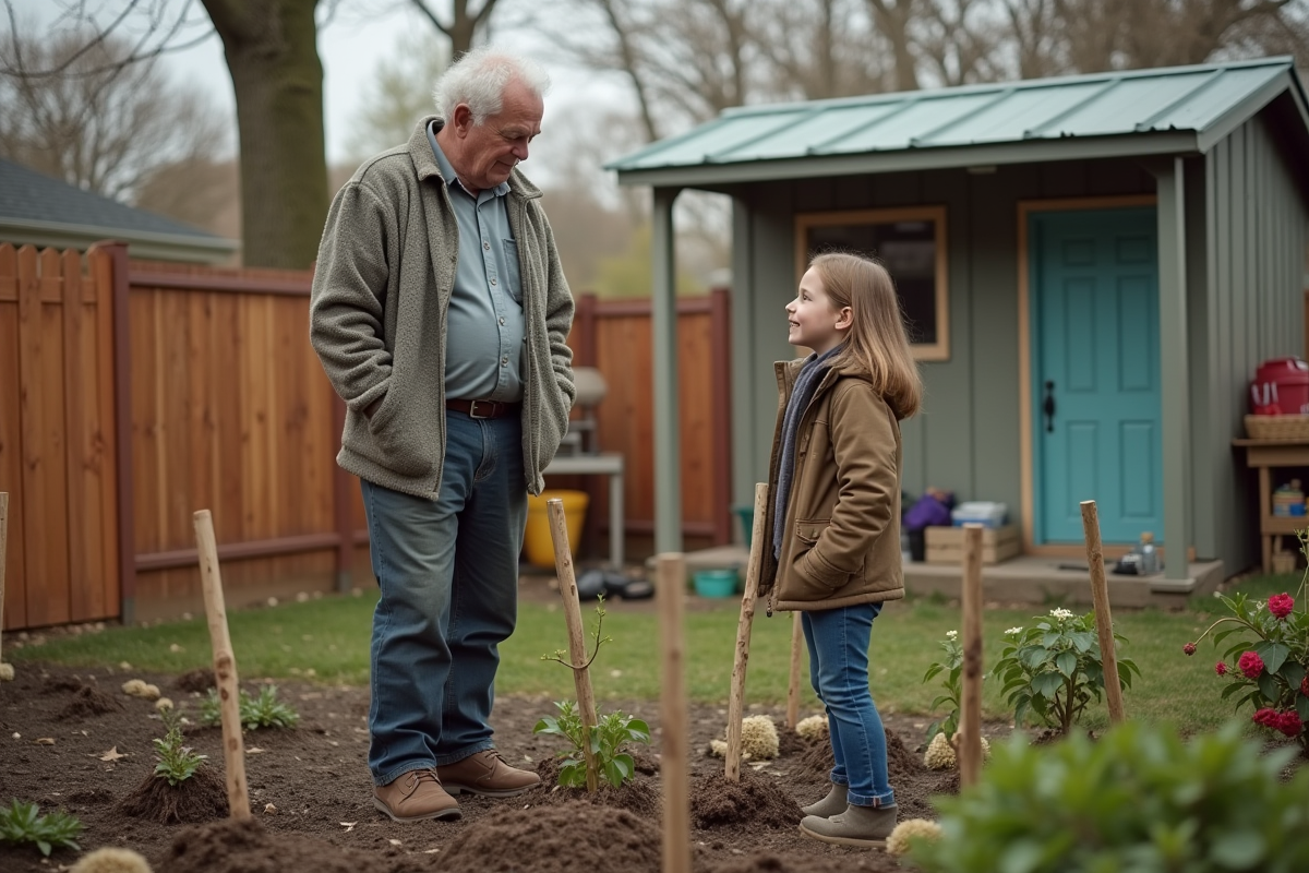Homme expliquant la culture des dahlias à une jeune fille