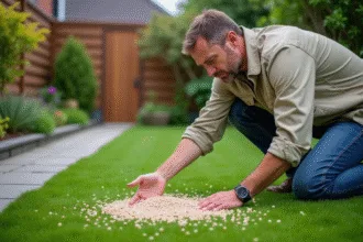 Homme d'âge moyen étalant du sulfate ferreux sur la pelouse