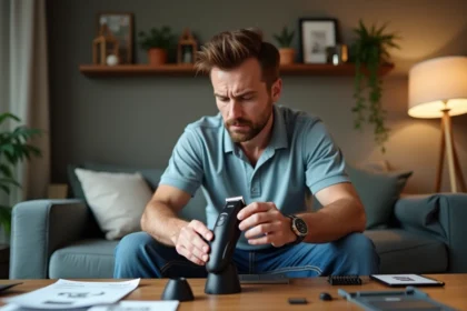 Homme d'âge moyen examinant un rasoir électrique sans accessoire