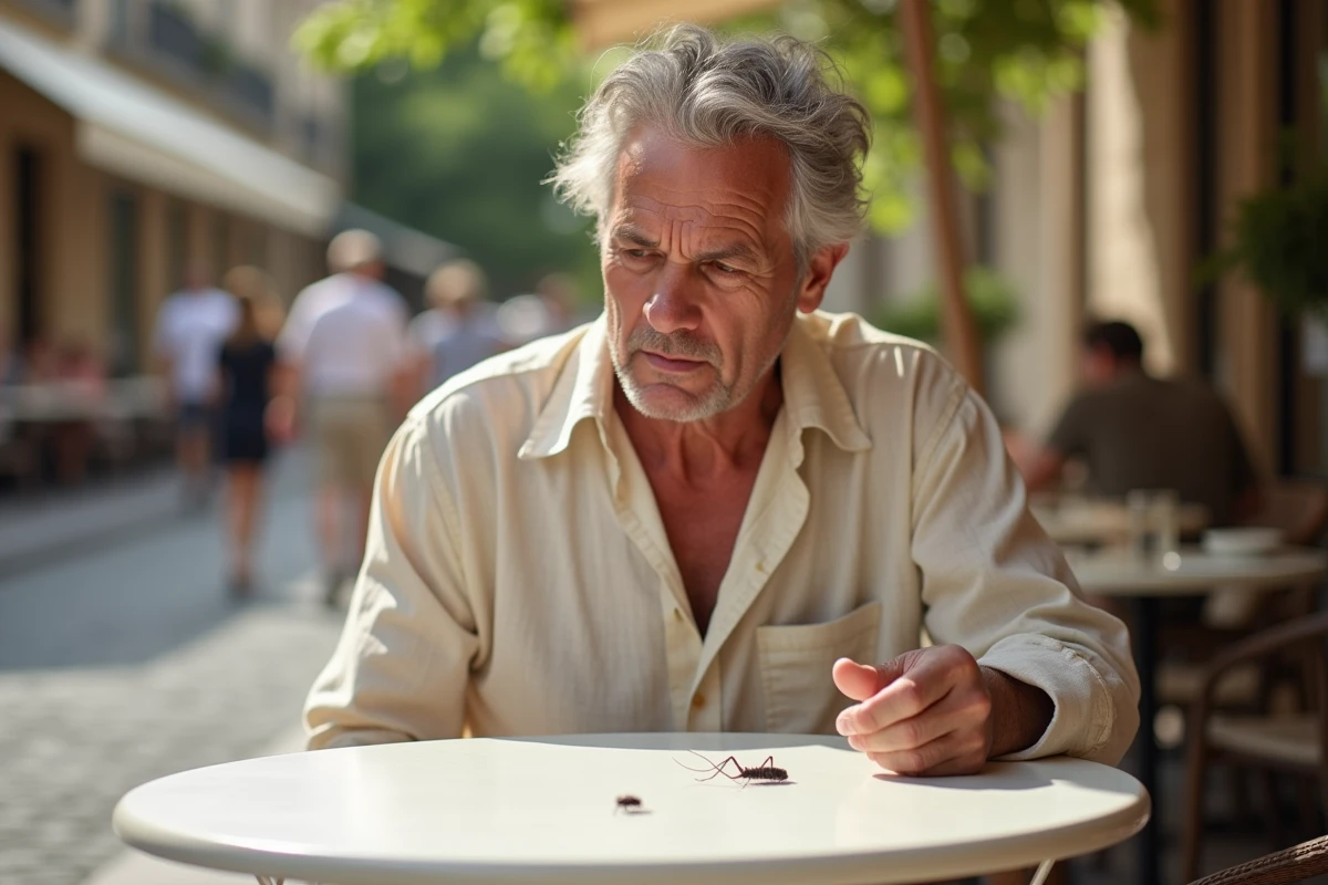 Homme observe un insecte sur une table de café en plein air