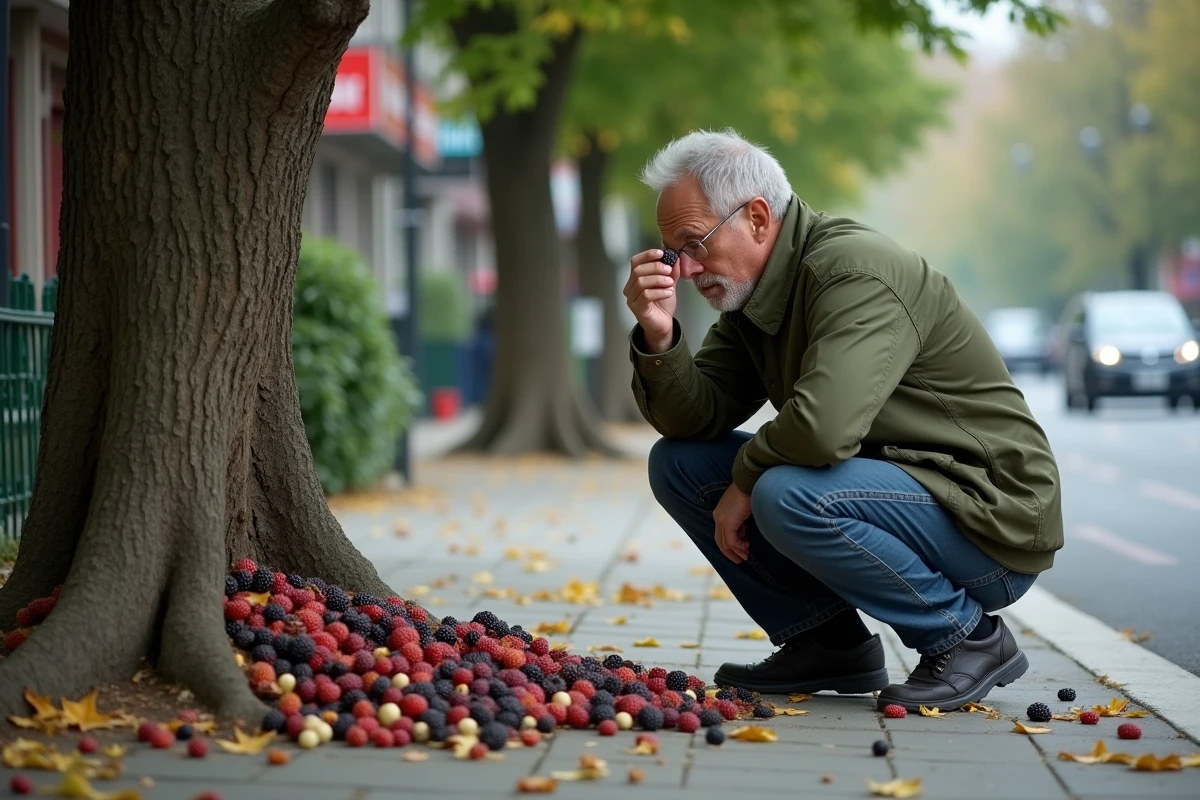 Homme inspectant des fruits du mûrier platane à différents stades de maturité sur un trottoir en ville