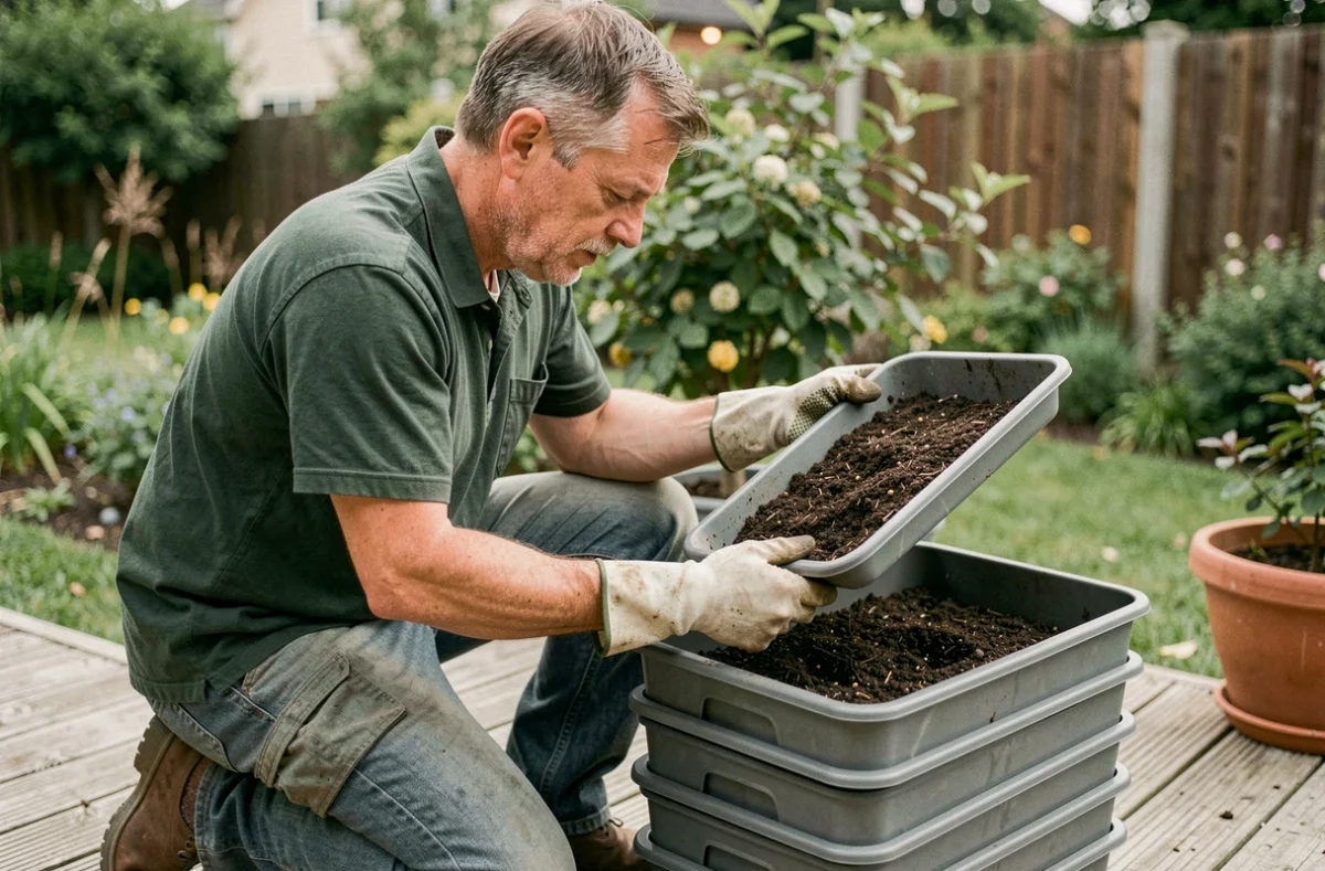 Homme inspectant les plateaux d'un lombricomposteur extérieur sur une terrasse en bois entourée de végétation