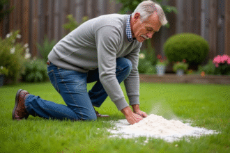 Homme d'âge moyen appliquant de la chaux dans le jardin