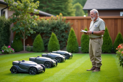 Homme d'âge moyen examinant des robots tondeuses dans un jardin