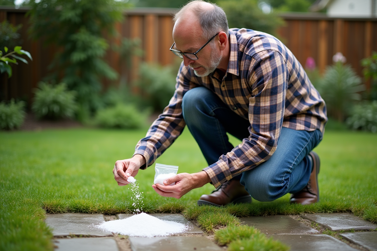 Homme en jeans saupoudrant du sel sur la mousse dans le jardin