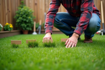 Homme en jeans et flanelle dans son jardin observant différentes herbes
