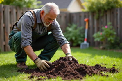 Homme en vêtements de jardinage étalant du compost sur la pelouse