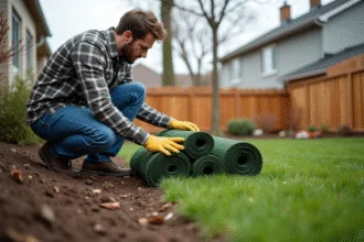 Jeune homme en jeans et gants examine du gazon neuf dans le jardin
