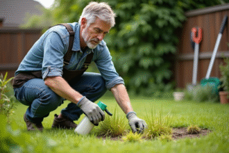 Homme d'âge moyen examine le gazon endommagé dans son jardin