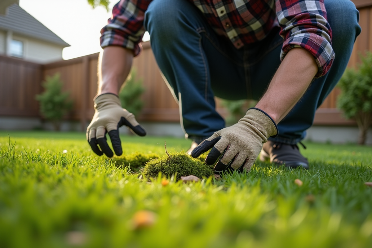 Homme d'âge moyen inspectant de la mousse verte dans le jardin