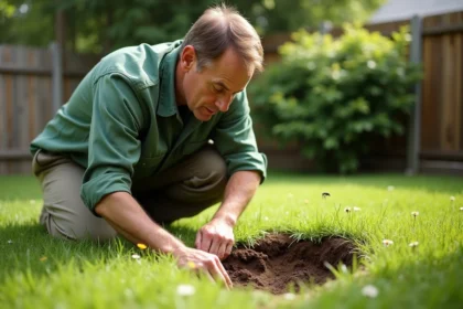 Homme d'âge moyen observant un nid de guêpes dans le jardin
