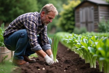 Homme en jeans plantant des poireaux dans un jardin