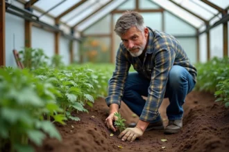 Homme en jeans plantant des jeunes tomates dans une serre