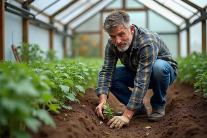Homme en jeans plantant des jeunes tomates dans une serre