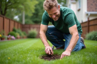 Homme d'âge moyen en jeans et t-shirt vert en train de planter dans son jardin