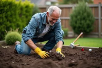 Homme d'âge moyen examine la terre dans son jardin