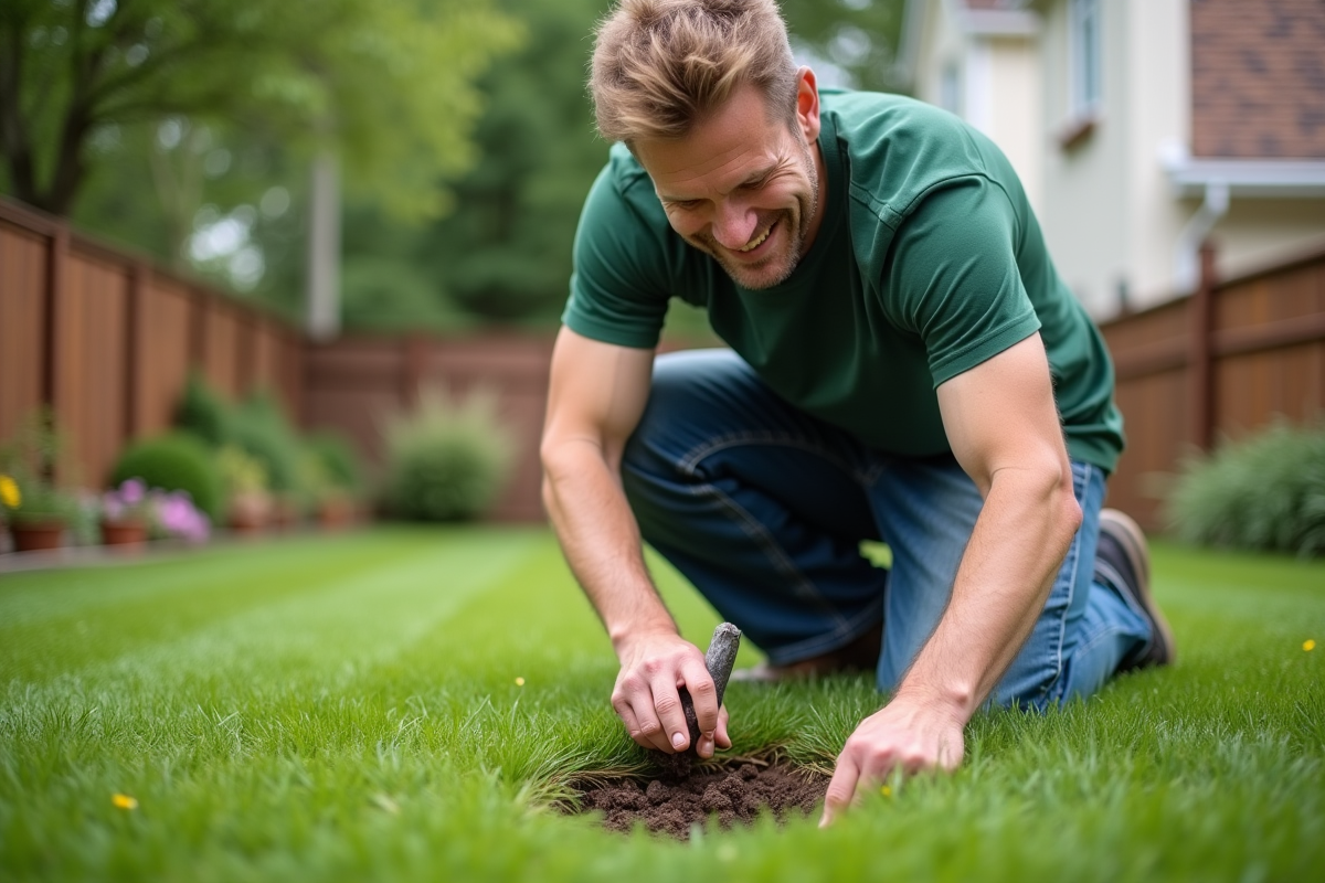 Homme d'âge moyen en jeans et t-shirt vert en train de planter dans son jardin