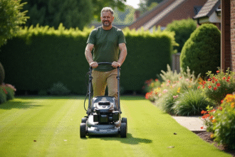 Homme d'âge moyen en vêtements de jardinage tond sa pelouse