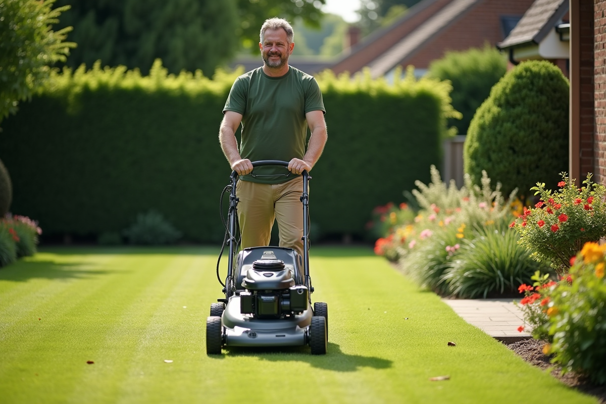 Homme d'âge moyen en vêtements de jardinage tond sa pelouse